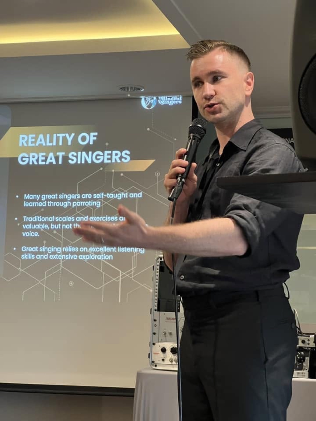 A presenter speaking during The Mindful Singer’s Technique event